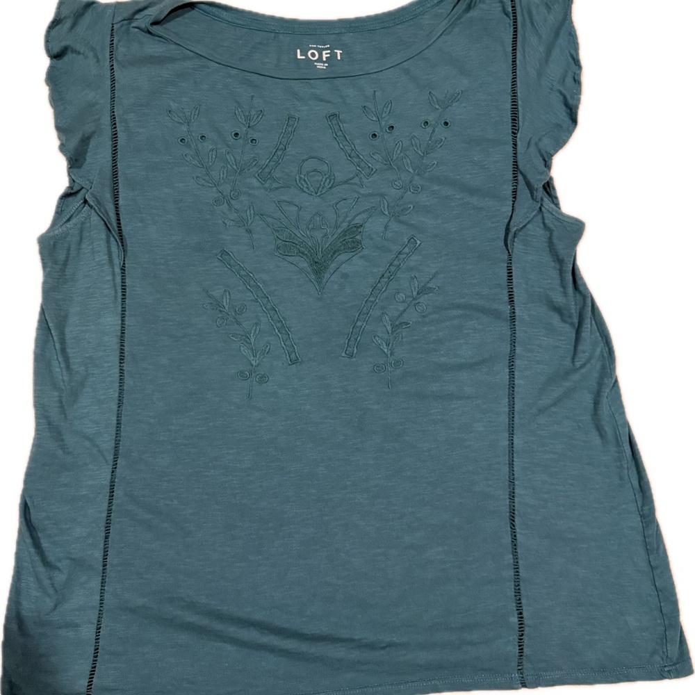Ann Taylor LOFT Teal Embroidered Flutter Sleeve Blouse